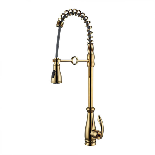 Gold Deck Mounted Single Handle Pull Out Spring Kitchen Sink Tap Mixer Faucet