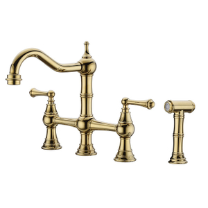 Brushed Gold Color Surface Dual Handle Brass Bridge Hot Cold Water Function Faucet Kitchen