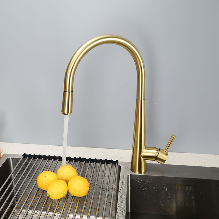 Brushed Gold Pull Down Kitchen Sink Faucet Mixer Tap