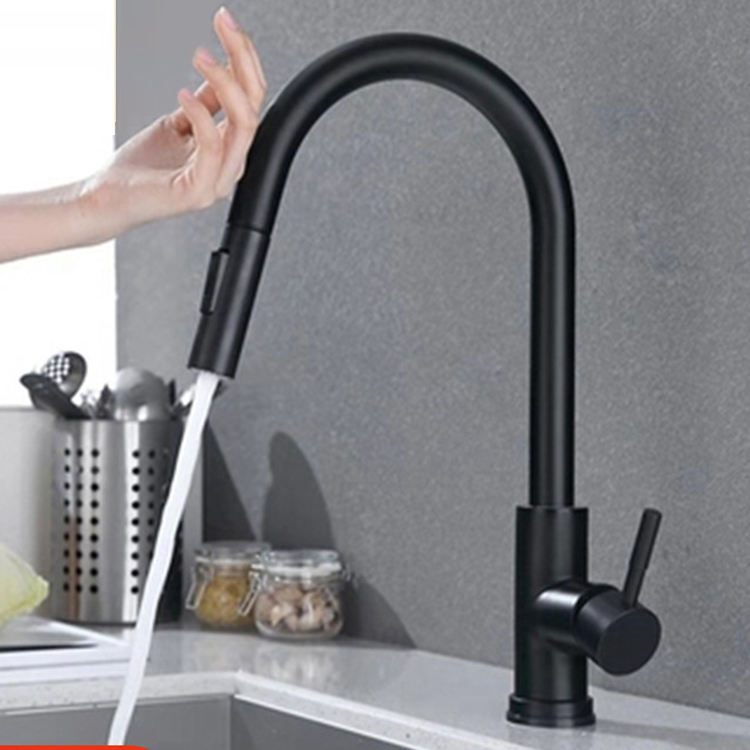 Matte Black 360 Rotating Hot and Cold 304 Stainless Steel Touch Sensor Kitchen Sink Faucet Pull Down