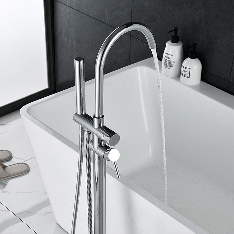 Dual Handle Tub Filler Floor Mounted Brass Freestanding Bathtub Faucet with Handheld Shower
