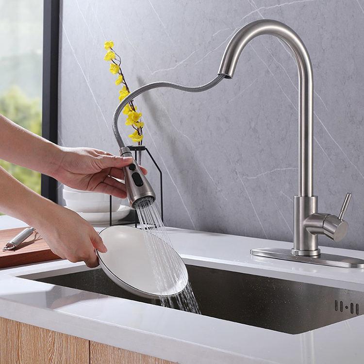 Stainless Steel 360 Degree Swivel Pull Down Kitchen Faucet with Deck Plate
