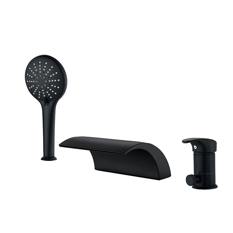 Deck Mount Waterfall Tub Filler Faucet 3 Holes Bathtub Mixer Faucet Black with Hand Shower