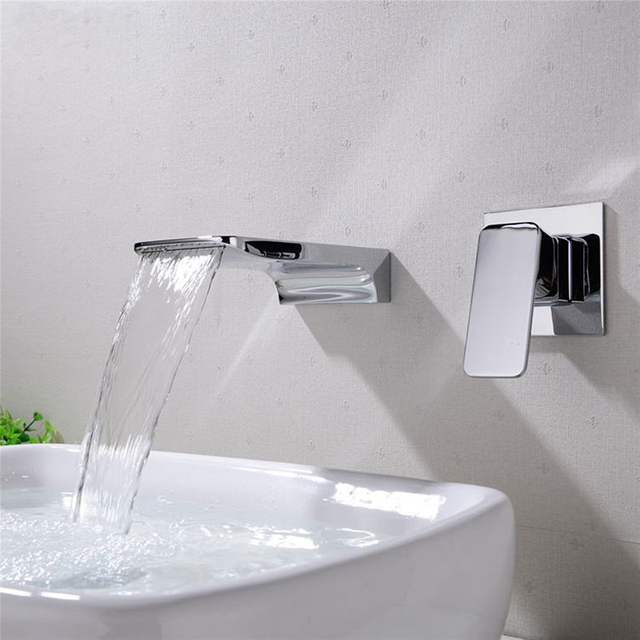 Bathroom Wall Mounted Concealed Brass Brushed Gold Waterfall Split Basin Faucet