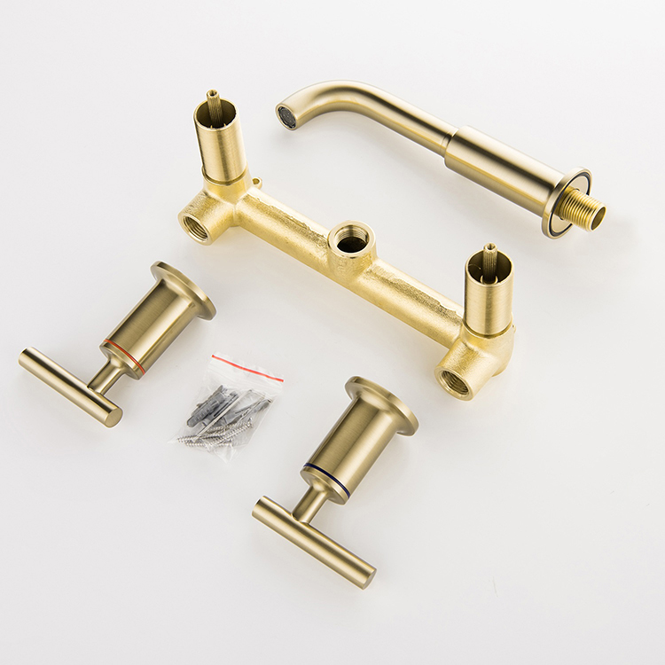 Household Bathroom 3 Holes Wall Mount Concealed Wash Basin Faucet Gold
