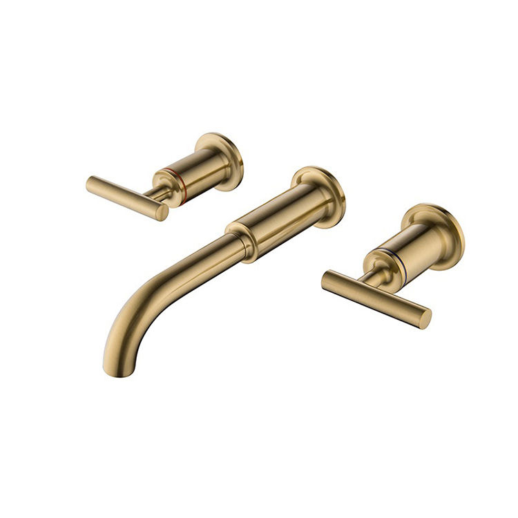 Household Bathroom 3 Holes Wall Mount Concealed Wash Basin Faucet Gold