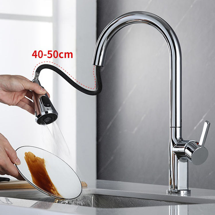 Deck Mounted Chrome Retractable Pull Down Kitchen Sink Faucet Tap Mixer
