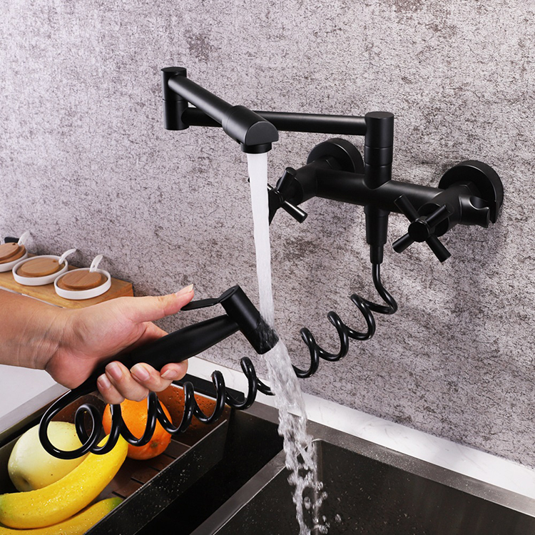 Hot and Cold 2 Handle Wall-Mounted Kitchen Pot Filler Folding Kitchen Faucet Mixer with Sprayer