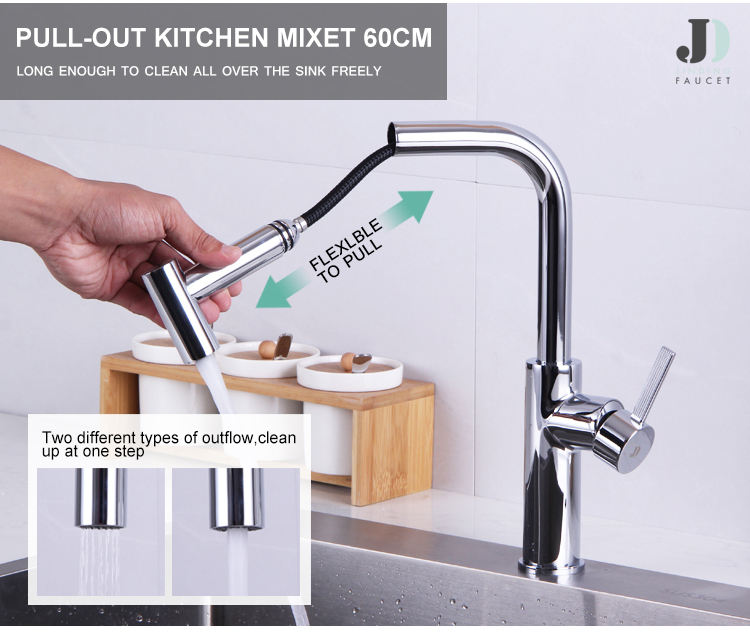 solid brass kitchen faucet with pull out sprayer t shape manual 2 mode shower water column rotatable durable kaiping manufacture