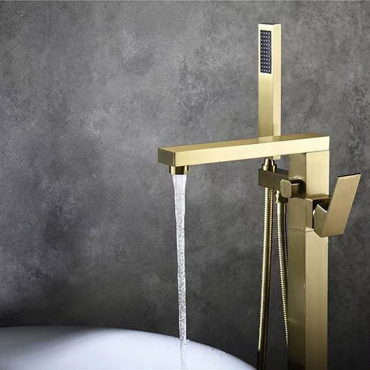 Tub Filler Brass Gold Bathroom Floor Mounted Freestanding Bathtub Faucet with Hand Shower