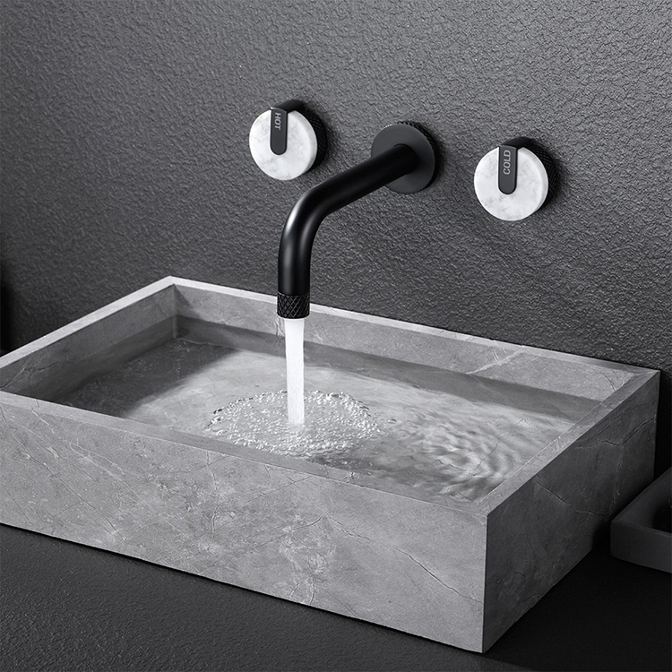 Balck Wall Mounted 3 Hole 2 Handles Basin Mixer Tap Faucet for Bathroom Sink