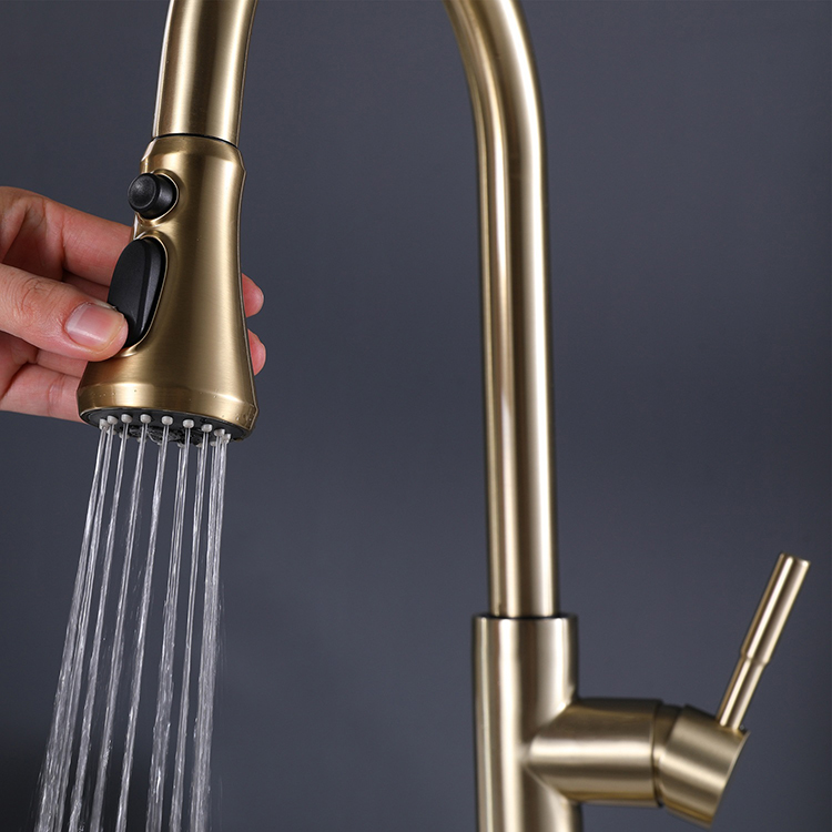Deck Mounted Single Handle Brushed Gold Brass Copper Pull Down Kitchen Sink Faucet with Sprayer