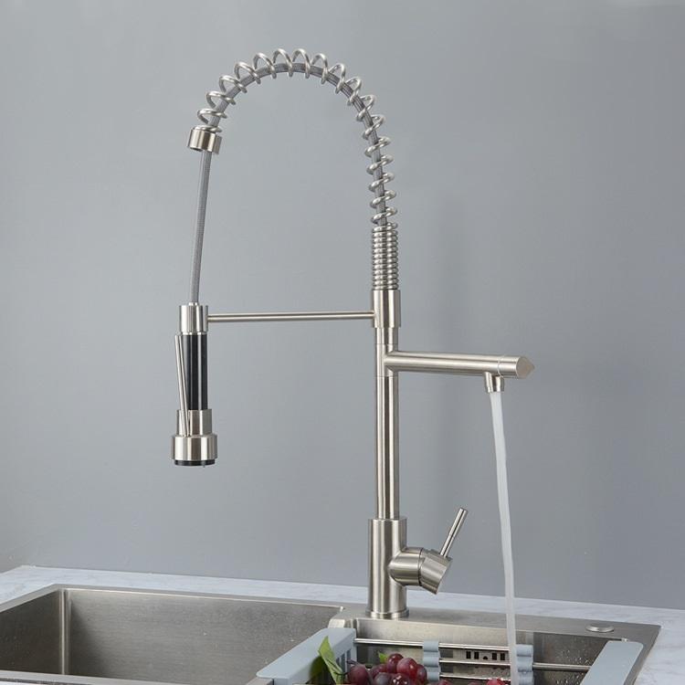 Semi Pro Hot and Cold Stainless Steel Deck Mounted Single Hole Pull Down Spring Kitchen Sink Faucet Mixer Tap