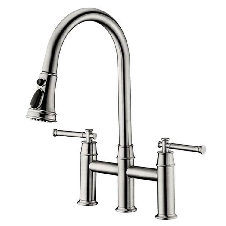 Brass 3 Holes Dual Handle Bridge Kitchen Faucet Mixer