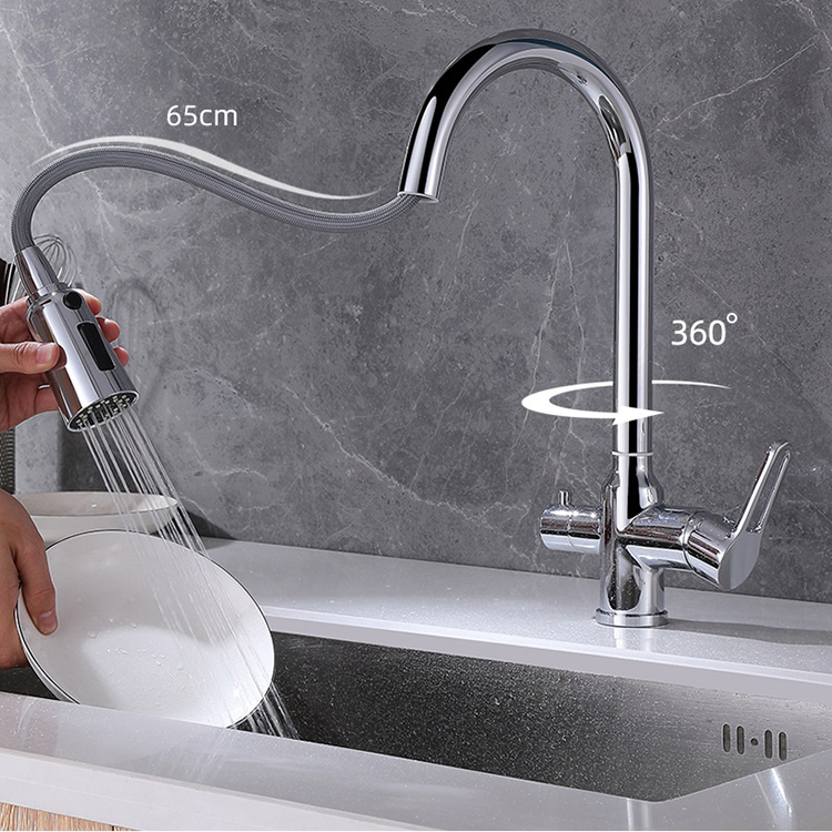 4 Way Deck Mounted Brass Chrome RO Pure Drinking Water Kitchen Faucet with Pull Down Sprayer