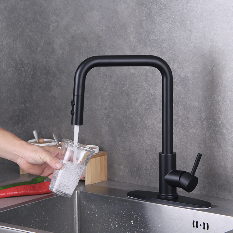 Deck Mounted Single Handle Square Arc Black Kitchen Sink Faucet with Pull Down Sprayer