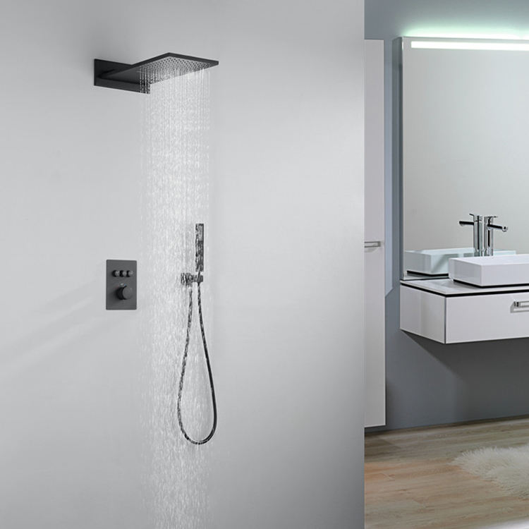 High Quality Wall Mounted Bathroom Equipment Black Thermostatic Waterfall Rain Shower Set Mixer Bath & Shower Faucet