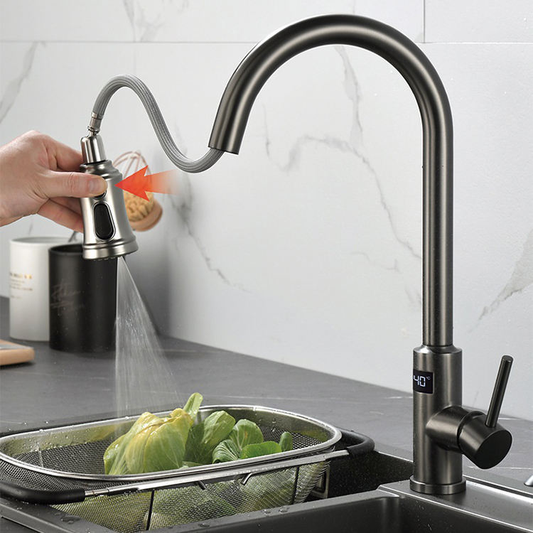 Single Handle Hot Cold Function Brass Material Gun Grey Color Pull Out Kitchen Sink Faucets Mixer