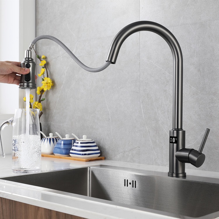 Single Handle Hot Cold Function Brass Material Gun Grey Color Pull Out Kitchen Sink Faucets Mixer