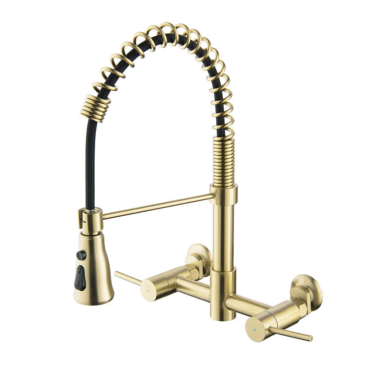 Brass Copper Two Lever Wall Mounted Pull Out Spring Kitchen Sink Faucets with Sprayer
