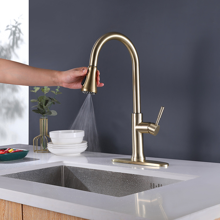 Deck Mounted Single Handle Brushed Gold Brass Copper Pull Down Kitchen Sink Faucet with Sprayer