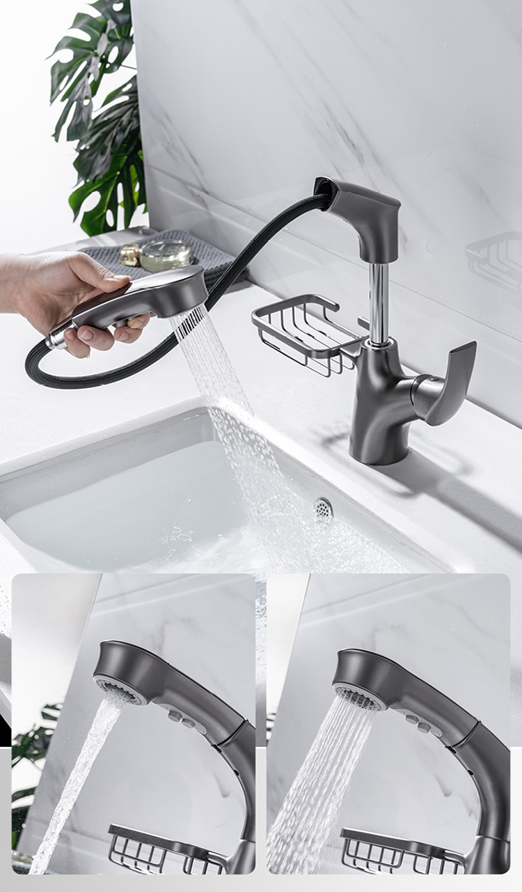 Wash basin faucet gun gray pull down bathroom taps bathroom faucet with pull out sprayer