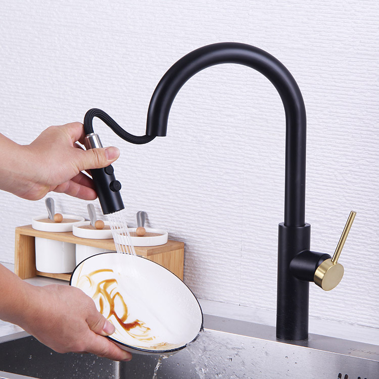 Black Gold Deck Mounted Brass Pull Down Kitchen Faucet Mixer Tap with Sprayer