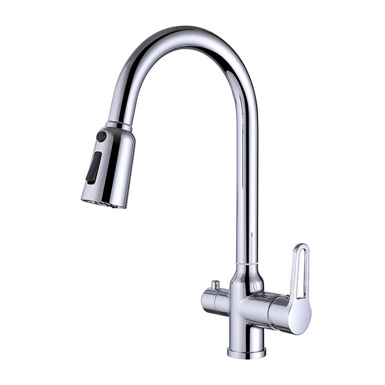 4 Way Deck Mounted Brass Chrome RO Pure Drinking Water Kitchen Faucet with Pull Down Sprayer