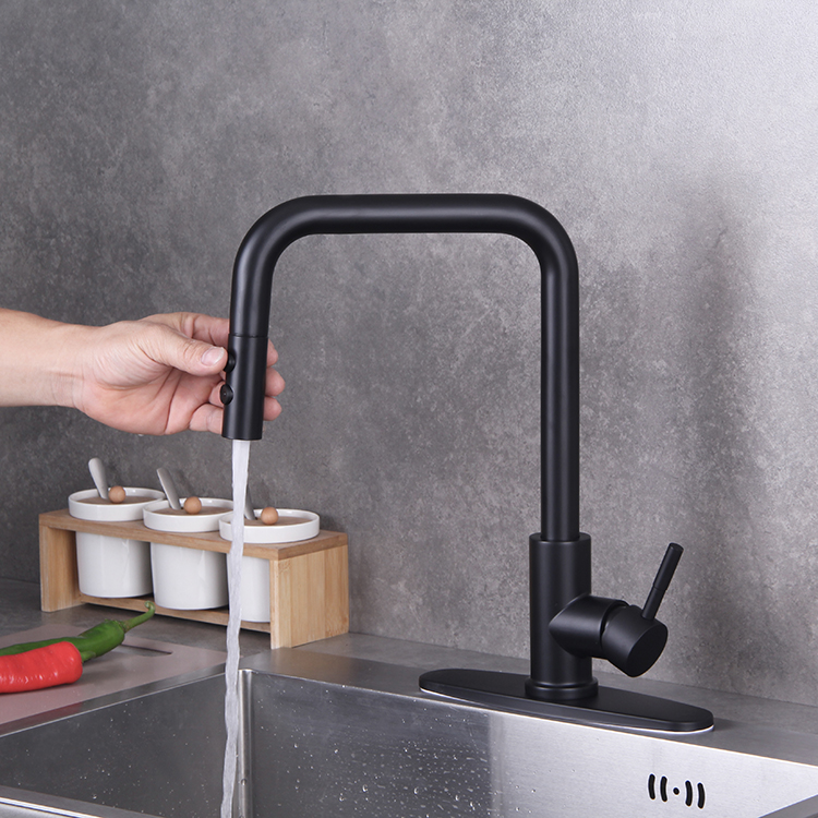 Deck Mounted Single Handle Square Arc Black Kitchen Sink Faucet with Pull Down Sprayer