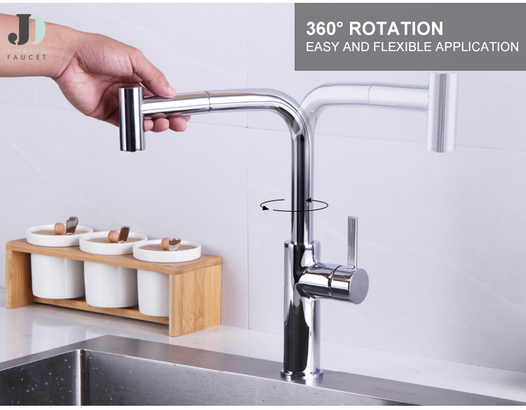 360 Rotation Deck Mounted Single Handle Kitchen Faucet Pull Out Chrome