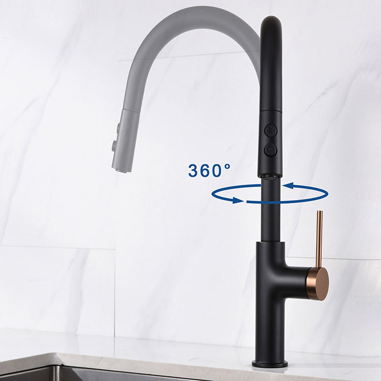 Single Lever Hot Cold Water Brass Pull Down Sensor Kitchen Faucet Black and Gold