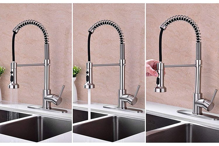 Single Handle Semi Pro Pull Down Pull Out Spring Kitchen Sink Faucet Stainless Steel