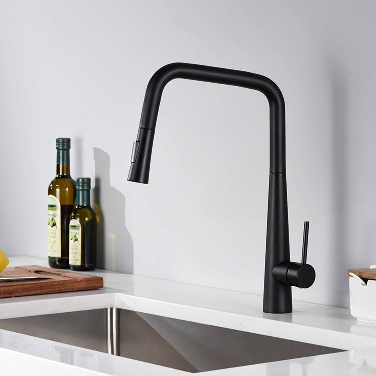 Sqaure Arc Black Kitchen Basin Faucets Tap Pull Down Kitchen Sink Faucet with Sprayer
