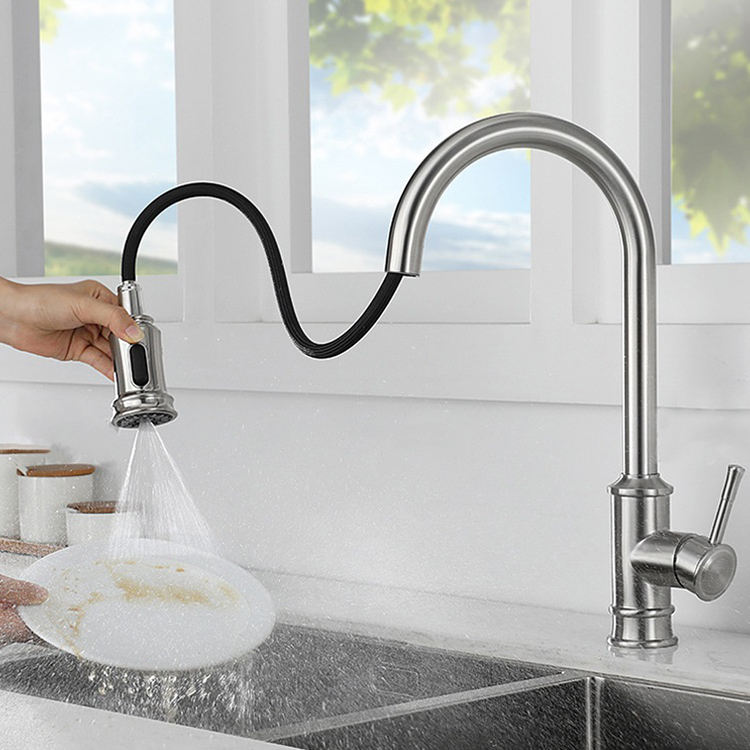 Goose Neck 304 Stainless Steel Golden Pull Down Kitchen Sink Faucet