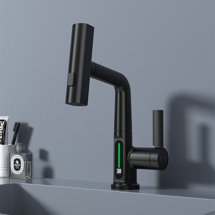 Bathroom White Deck Mounted Single Hole Digital Display Waterfall Pull Out Lifting Basin Faucet