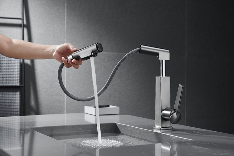 Deck Mounted Single Hole Pull Out Basin Mixer Bathroom Sink Faucet
