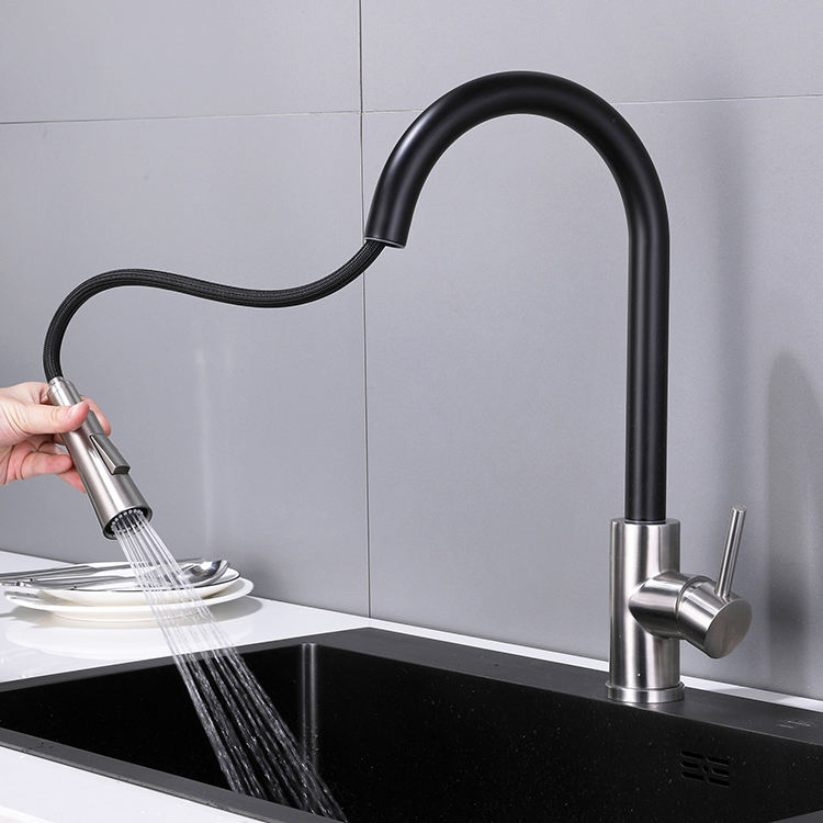 Deck Mounted Single Handle Stainless Steel Black Kitchen Faucet Mixer Tap Pull Down