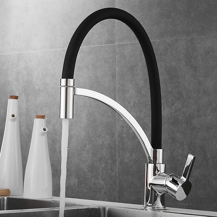 Single Hole Deck Mounted Brass Chrome Black Silicon Flexible Hose Kitchen Sink Faucet Tap