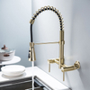 Brass Copper Two Lever Wall Mounted Pull Out Spring Kitchen Sink Faucets with Sprayer