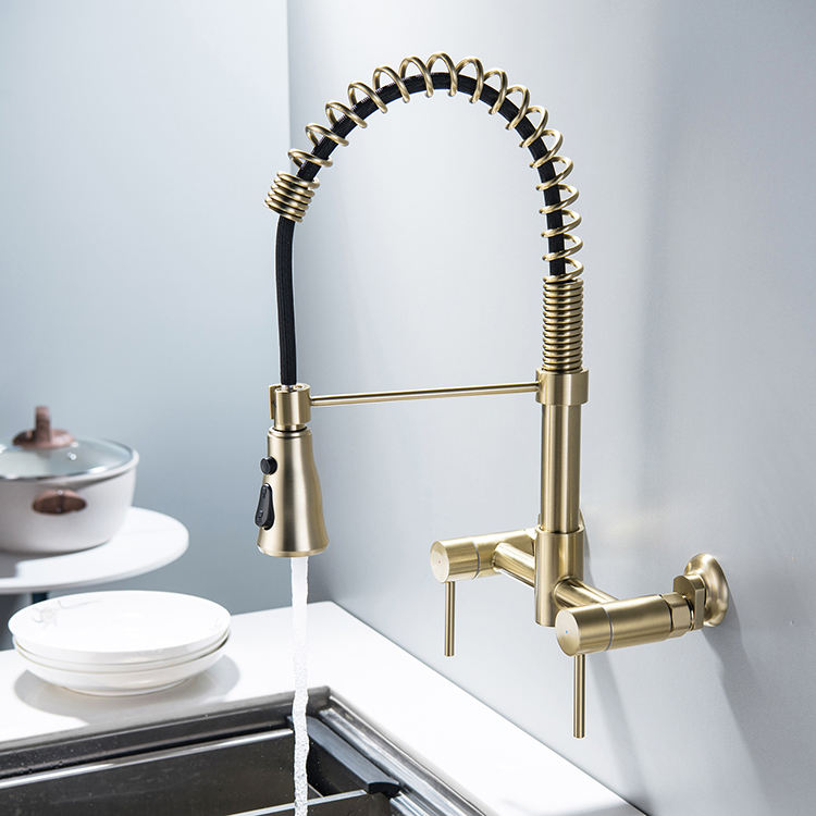 Two Hole Double Handle Wall Mount Spring Kitchen Faucet Mixer Taps