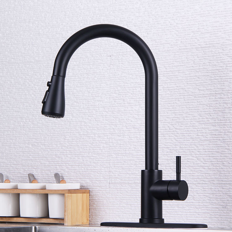 360 Rotate Hot and Cold Water Chrome Black Pull Down Kitchen Faucet with Deck Plate