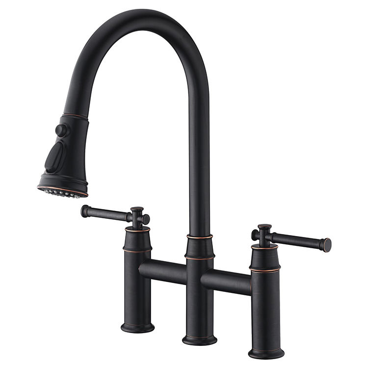 Brass 3 Holes Dual Handle Bridge Kitchen Faucet Mixer