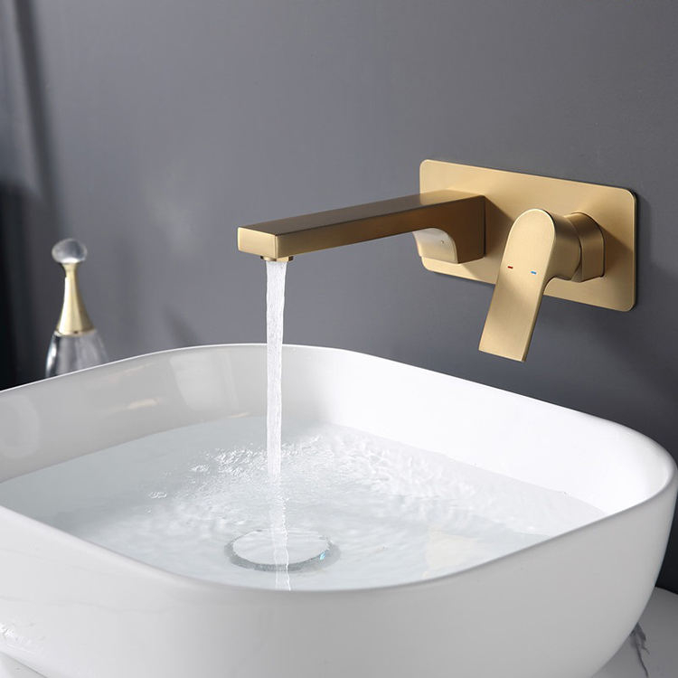 Bathroom Water Tap Brushed Gold Concealed Wall Mounted Basin Sink Faucet