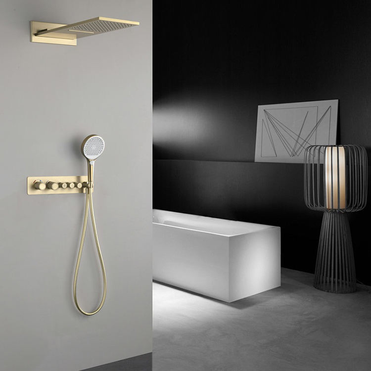 Wall Mounted Concealed Thermostatic Brushed Gold Waterfall Rain Shower Set