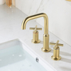 Deck Mounted Brushed Gold 3 Holes Double Corss Handle High-Arc Widespread Bathroom Split Basin Sink Faucet
