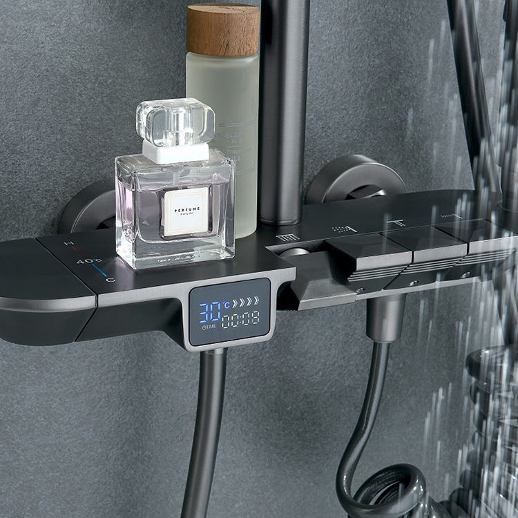 Gun Metal Grey 4 Function Way Thermostatic Digital Shower System Mixer Set 4 Way