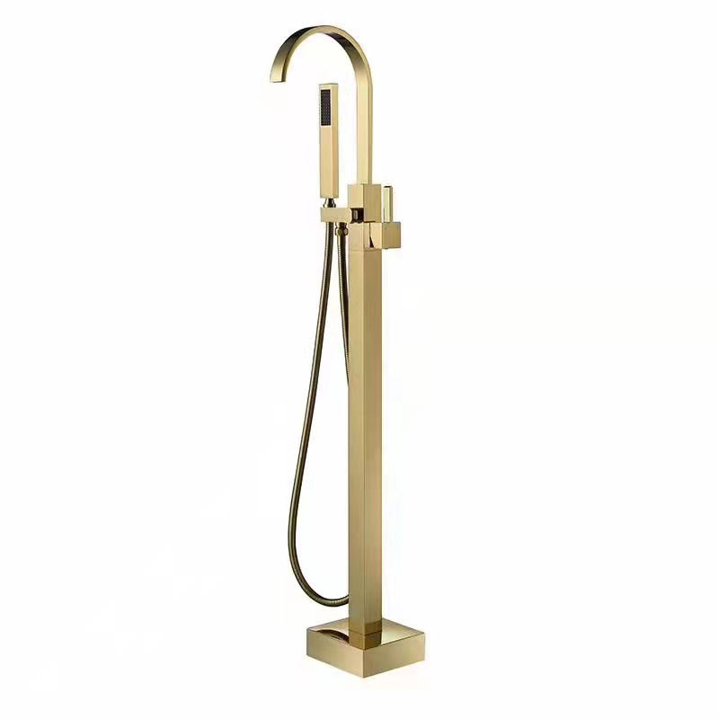 Brass Tub Filler Floor Mounted Freestanding Bathtub Faucet Brushed Gold
