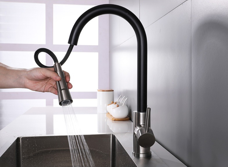 Deck Mounted Single Handle Stainless Steel Black Kitchen Faucet Mixer Tap Pull Down