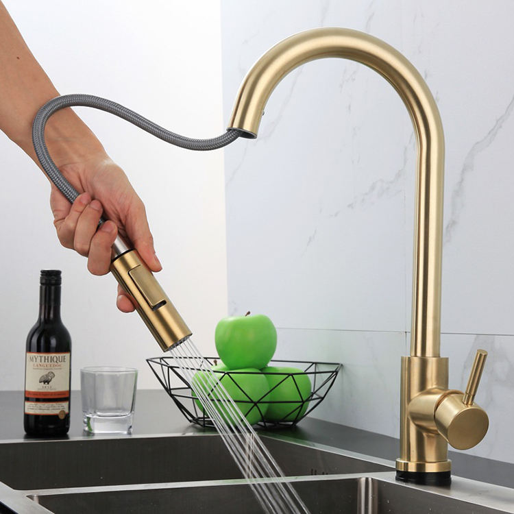 Single Handle Stainless Steel Pull Down Gold Kitchen Faucet
