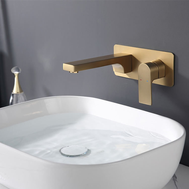 Single Hole Brass Brushed Gold Bathroom Wall Mounted Conceal Wash Basin Faucets